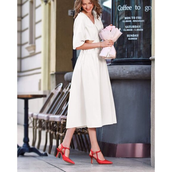 Coutgo Women's Red Pointed Toe Ankle Strap Patent Leather Stiletto High Heels - Picture 3 of 5